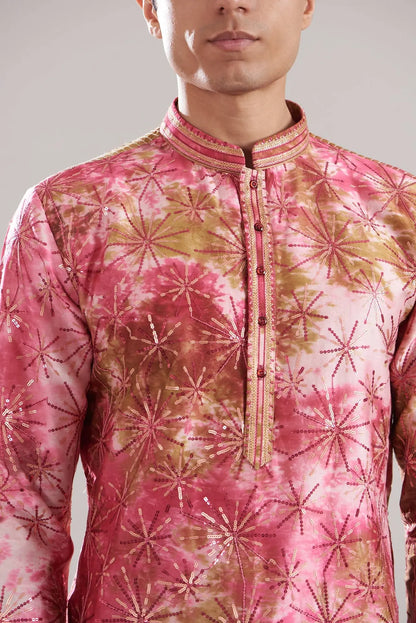 Pink Chanderi Tie-Dye Embroidered Kurta