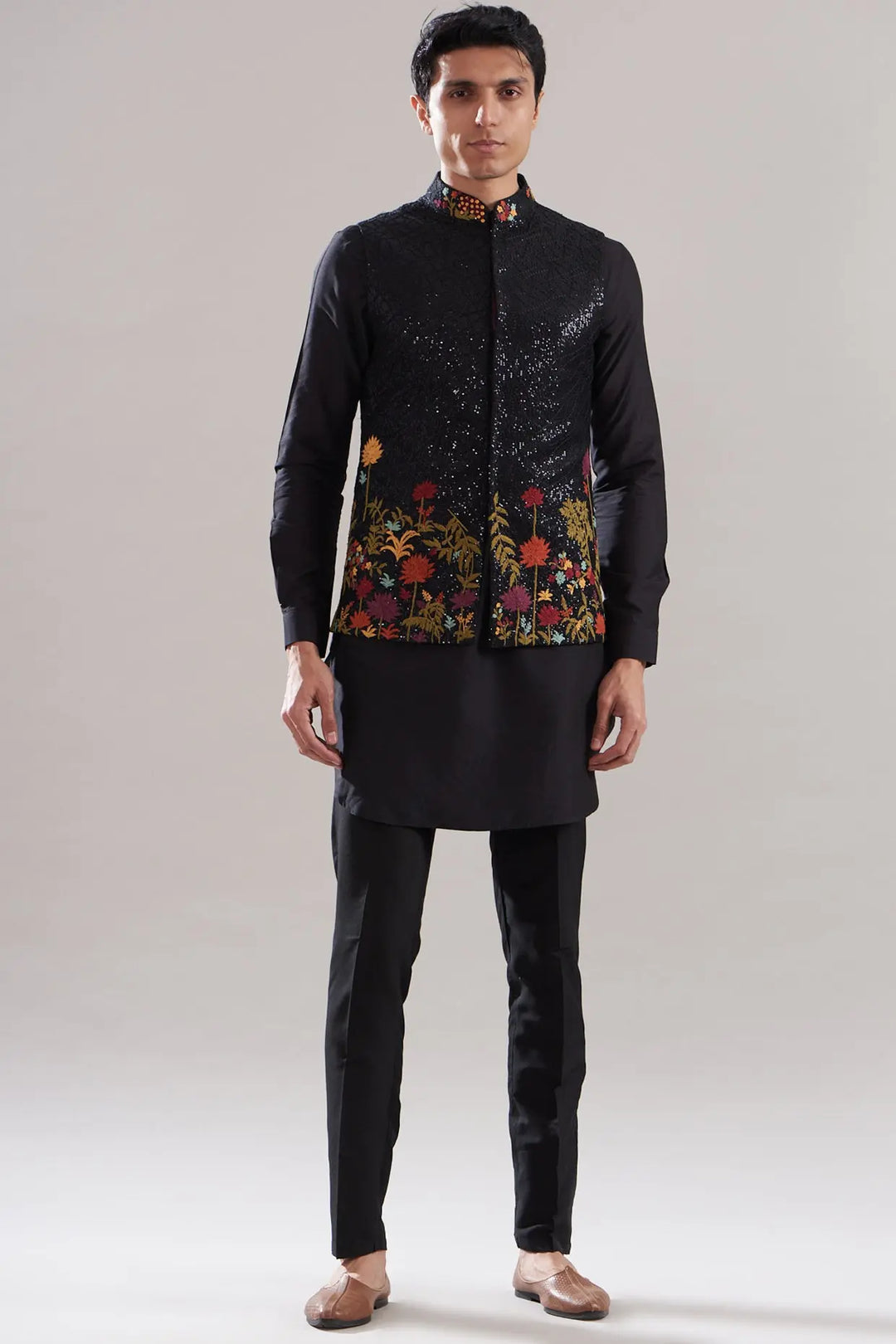 Black Cotton Silk Embroidered Bundi Set - Asuka Couture