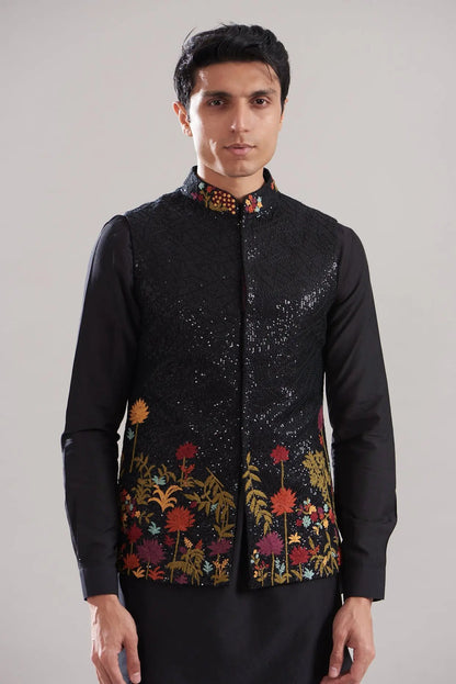Black Cotton Silk Embroidered Bundi Set