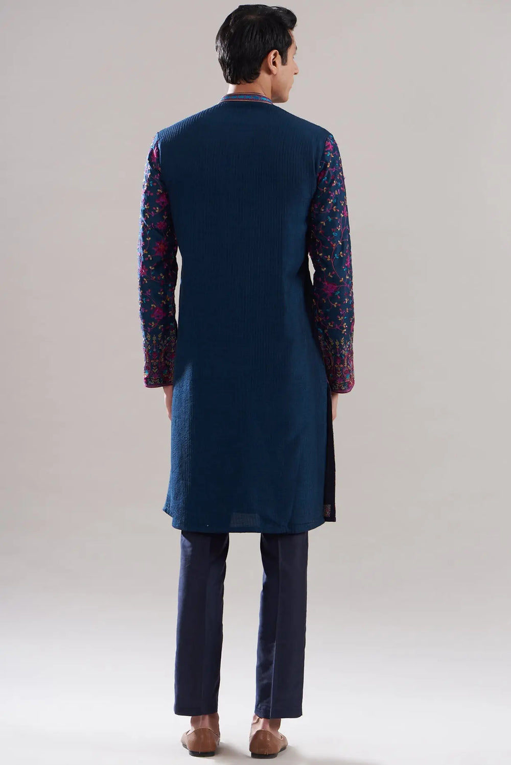 Ink Blue Cotton Silk Embroidered Kurta Set - Asuka Couture