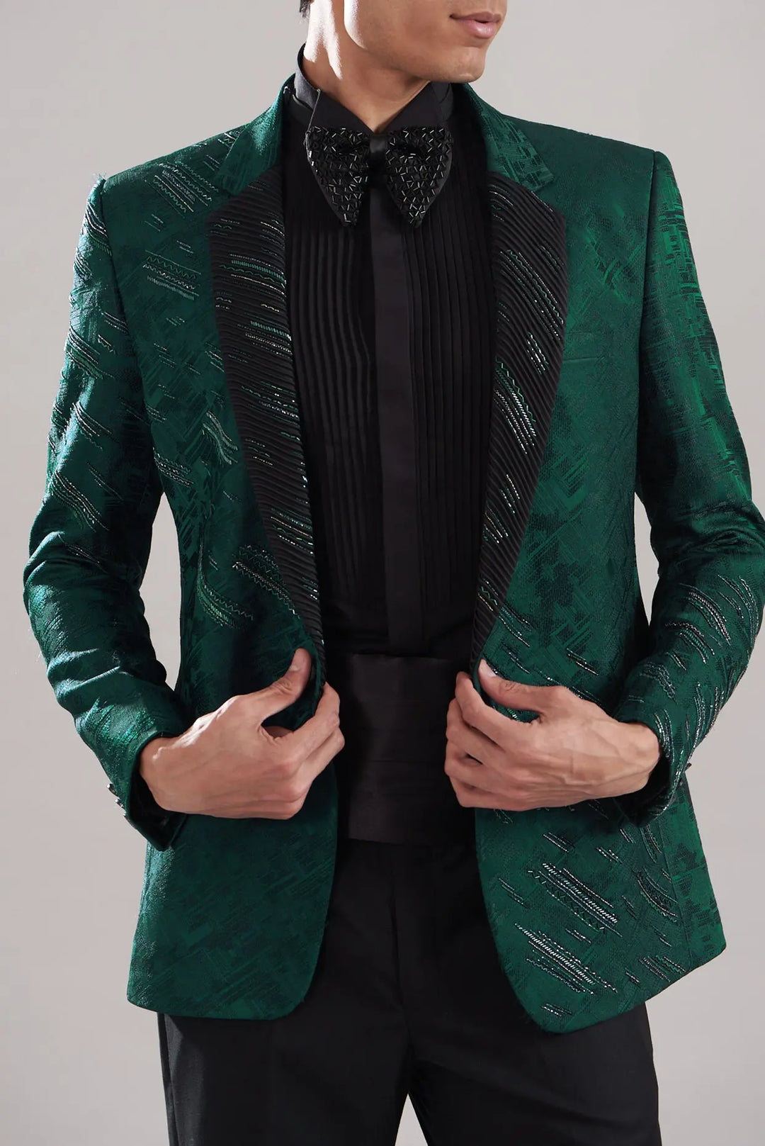 Teal Jacquard Hand Embroidered Tuxedo - Asuka Couture