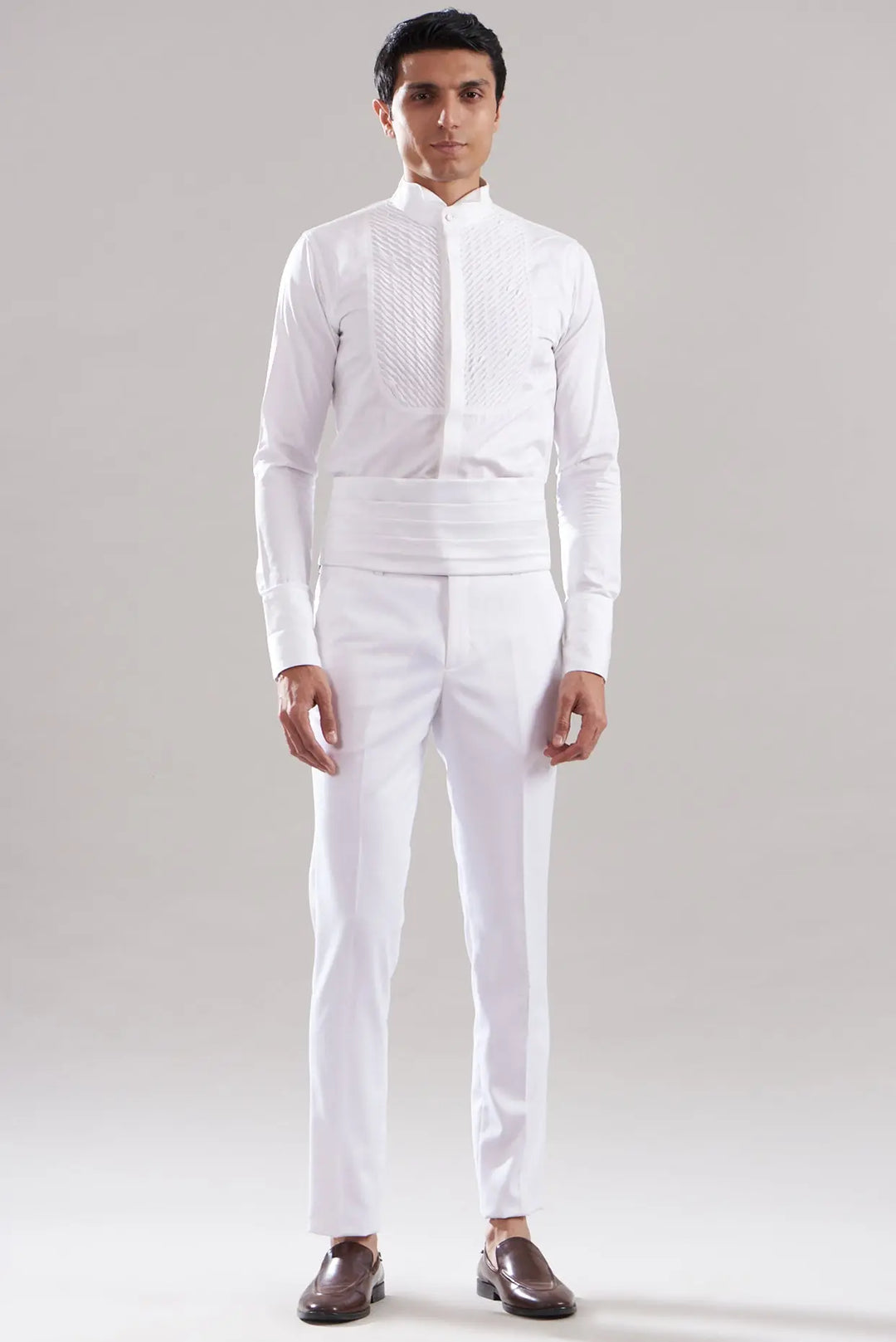 White Cotton Silk Resham and Hand Embroidered Tuxedo Set - Asuka Couture