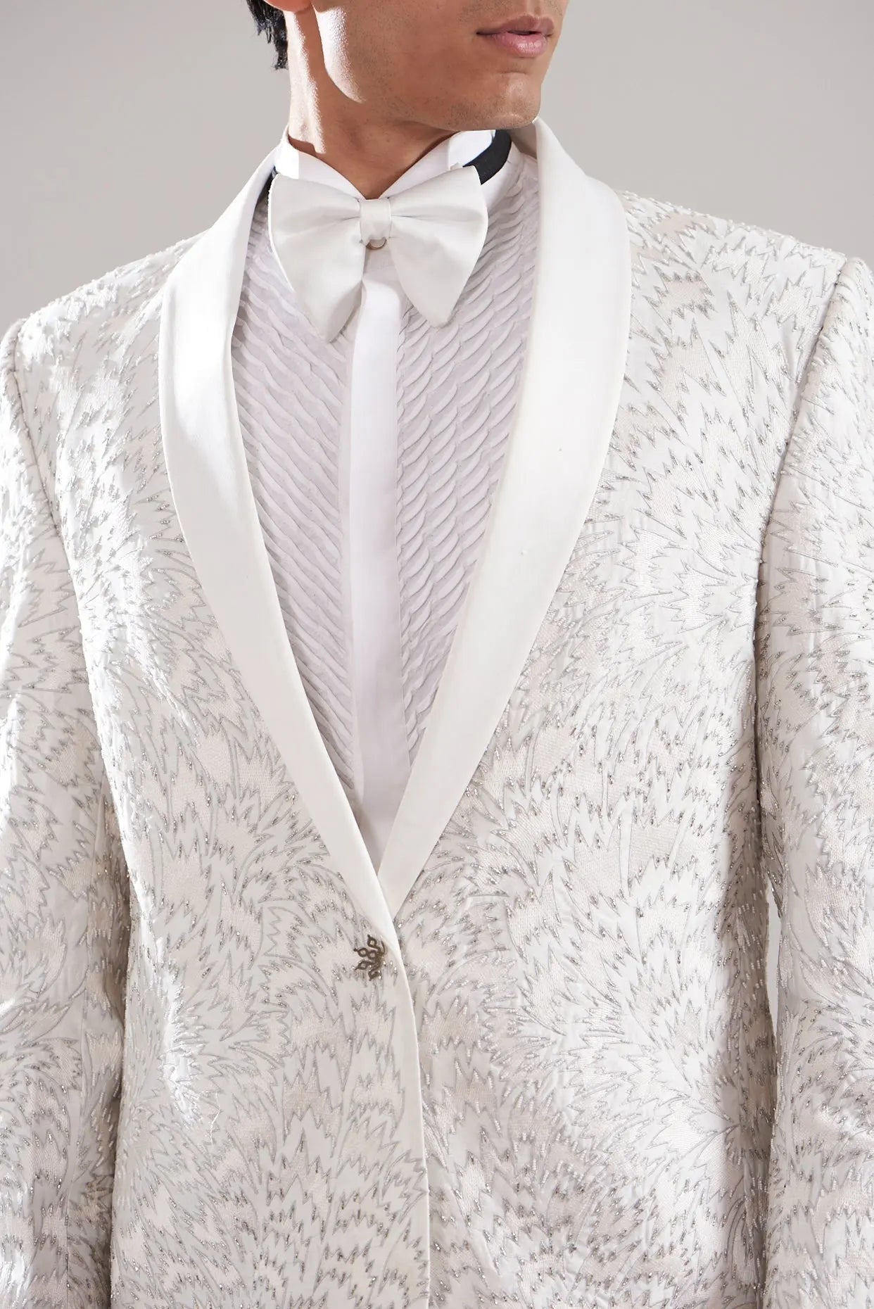 White Cotton Silk Resham and Hand Embroidered Tuxedo Set