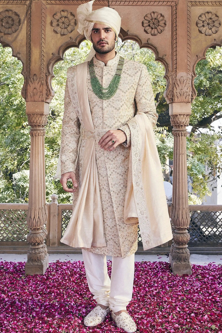 Cream Pitta and Sequins Embroidered Sherwani - Asuka Couture
