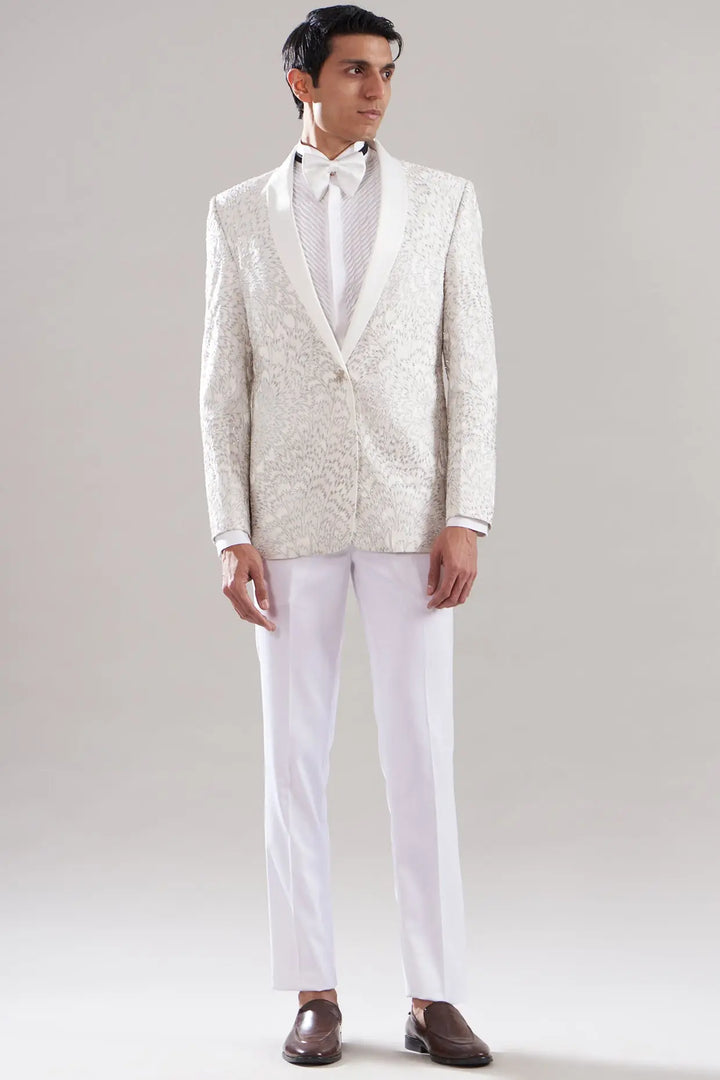 Buy White Cotton Silk Resham Tuxedo Set – Best Quality, Affordable Price