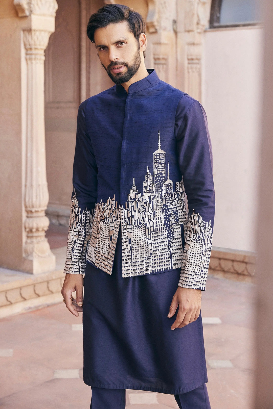 Buy Navy Abstract Design Embroidered Bundi Set 